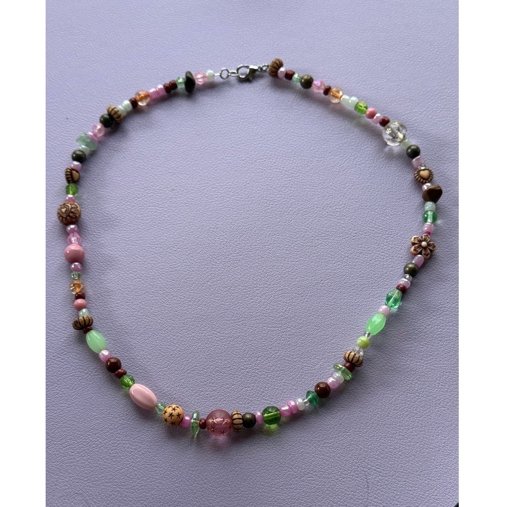 Y2K Multicolor Mixed Bead Necklace Pink Green Brown Floral Star Heart Boho 18 In - Picture 2 of 10